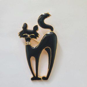 Cat Brooch Pin Black Enamel Rhinestone Gol Tone Jewelry